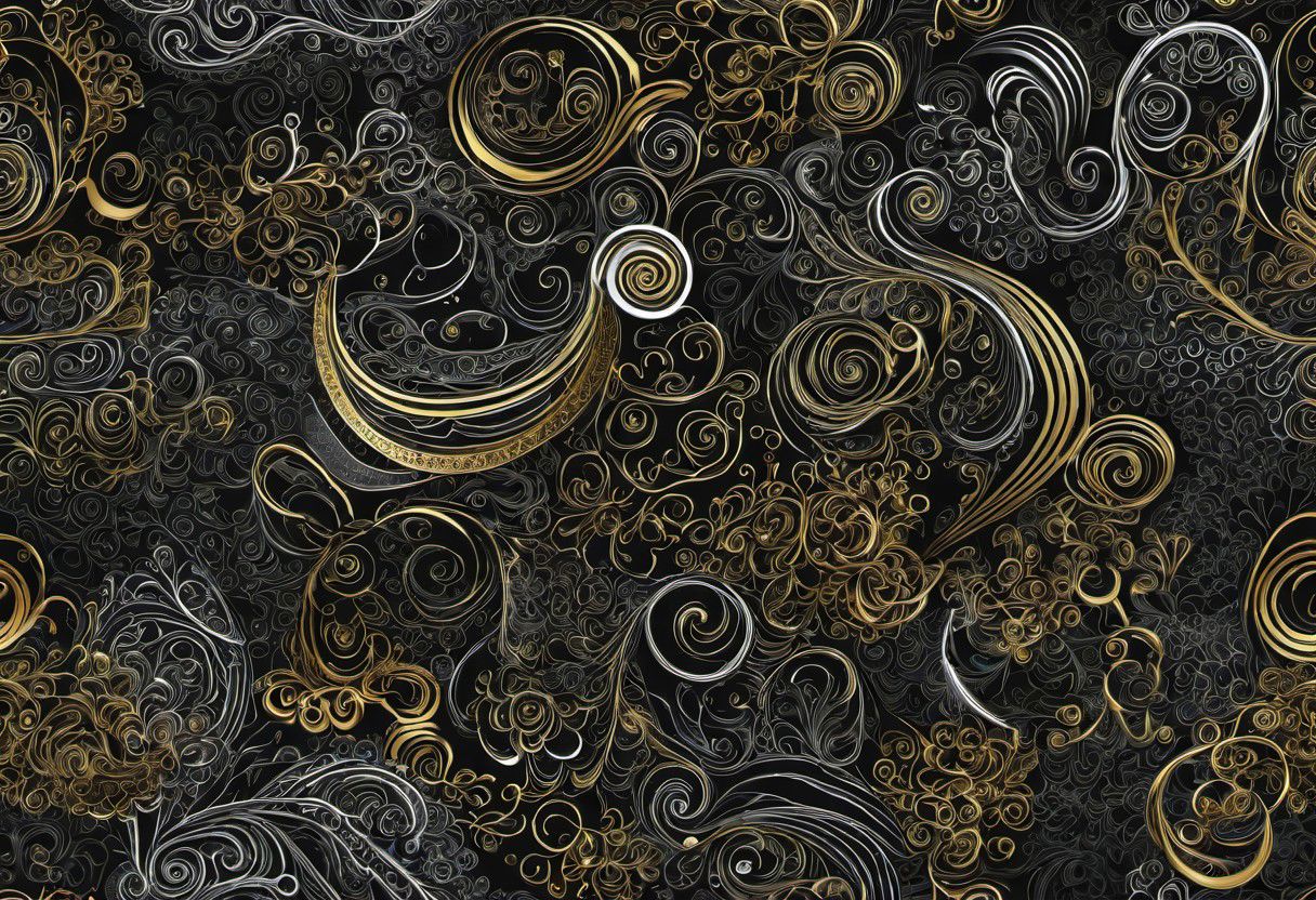detailed 2D white+gold doodles on black background, crisp edges, merged with a 3D rendition of gassy or bubbly soft-edged shapes in many colors,