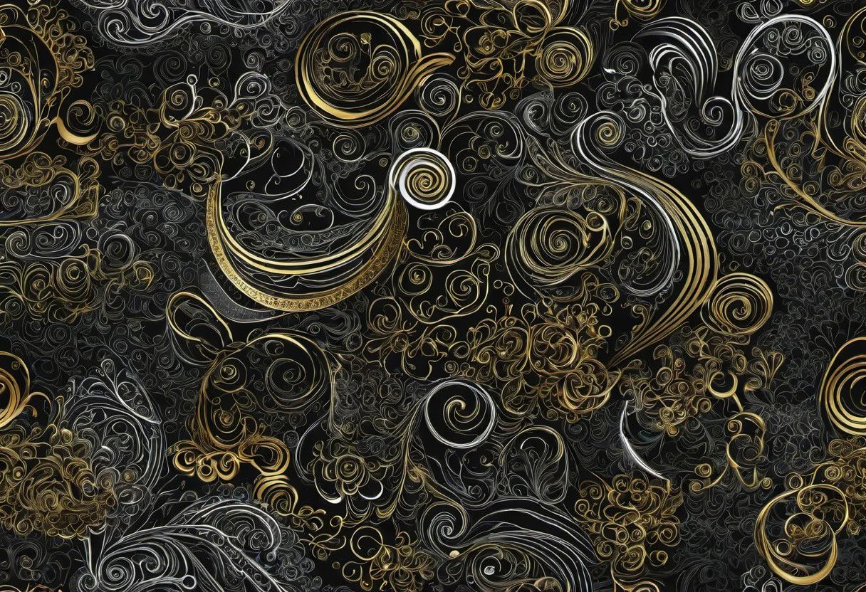 detailed 2D white+gold doodles on black background, crisp edges, merged with a 3D rendition of gassy or bubbly soft-edged shapes in many colors,