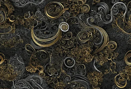 detailed 2D white+gold doodles on black background, crisp edges, merged with a 3D rendition of gassy or bubbly soft-edged shapes in many colors,