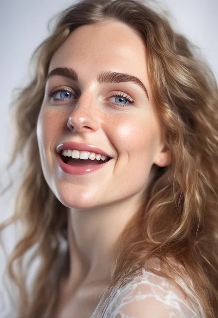 30yo american woman in a photostudio
Modeling High cut, high Quality Dress.
Slight makeup, heavy rimmel. Clear skin.  realistic skin style
Long messy stylish hair. 
Shooting light, indors, cable light
Studio background.
Winking, lip bite. Smiling. \(biting on own lips\)
Bokeh. Heavy Bokeh light.