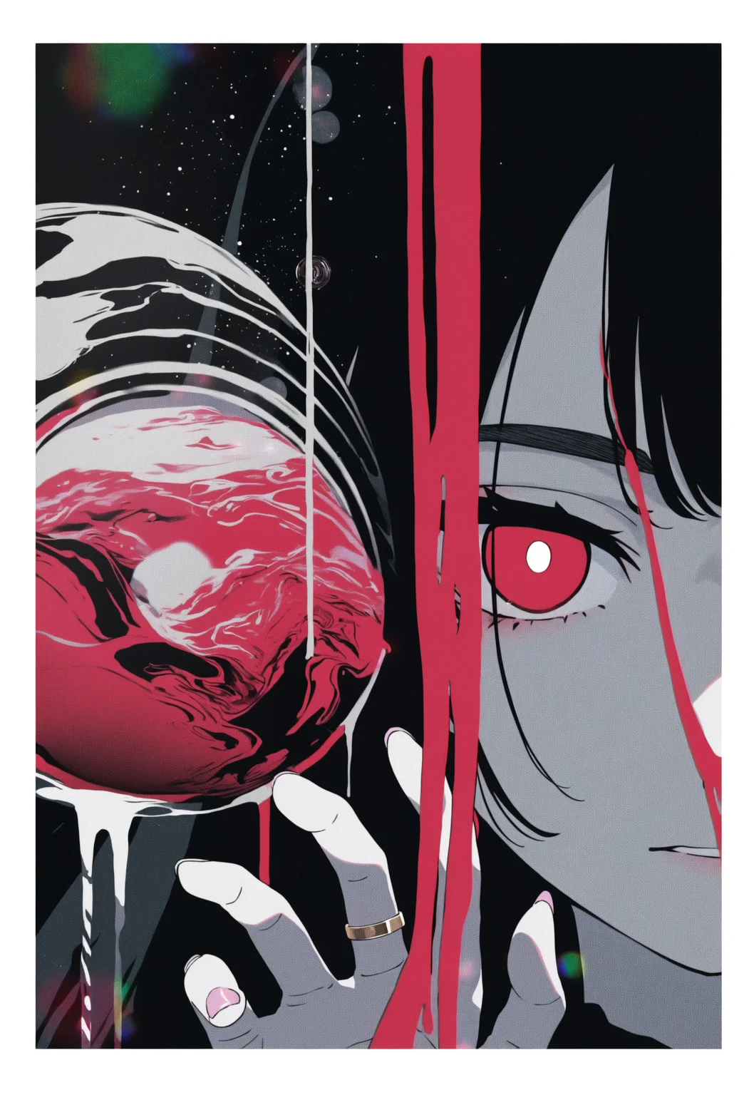 masterpiece, best quality, newest, very awa, limited palette, anime screencap, official art, white borders, depth of field, lens flare, liquid, abstract, surreal, double exposure, realistic lighting, photorealistic, dripping, liquid, 1girl, solo, ring, black hair, jewelry, white pupils, grey border, border, red eyes, bright pupils, looking at viewer, portrait, white border, long hair, hands up, shadow, upper body, pink nails, hands on own face, grey background, muted color, blending, Double exposure, circles, liquid, abstract, surreal, limited palette, profile, dripping