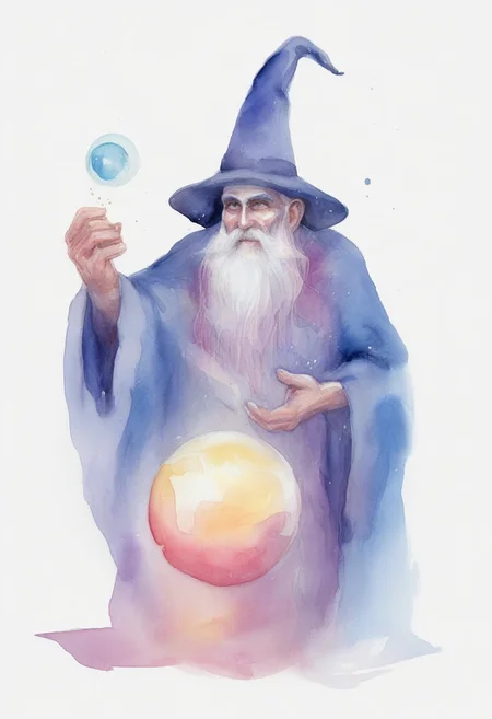 watercolor, watercolour,
a wizard holding a magical glass sphere, expanding sparks