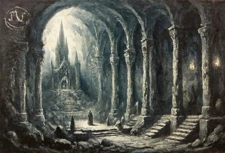 mines of moria underground, abstract temple in the unthinking depths,
overgrown cave and ruined walls, Nordic dungeon, cave ruins concept art, demonic runes and incantations carved into the dark souls catacomb, Skyrim, the elder scrolls, arx fatalis, dungeons and dragons,