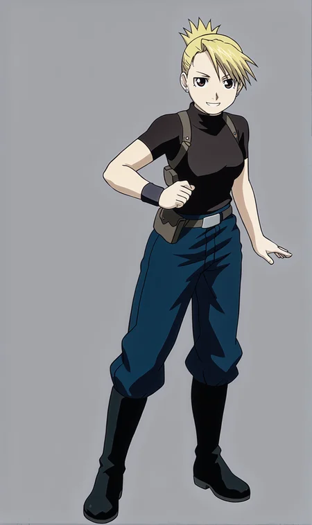 RH, 1girl, solo, blonde hair, short hair, folded ponytail, brown eyes, stud earrings, black shirt, single wristband, shoulder holster, blue pants, black boots, standing, full body, looking at viewer, smile, simple background, grey background, <lora:Riza Hawkeye Pony XL:1>