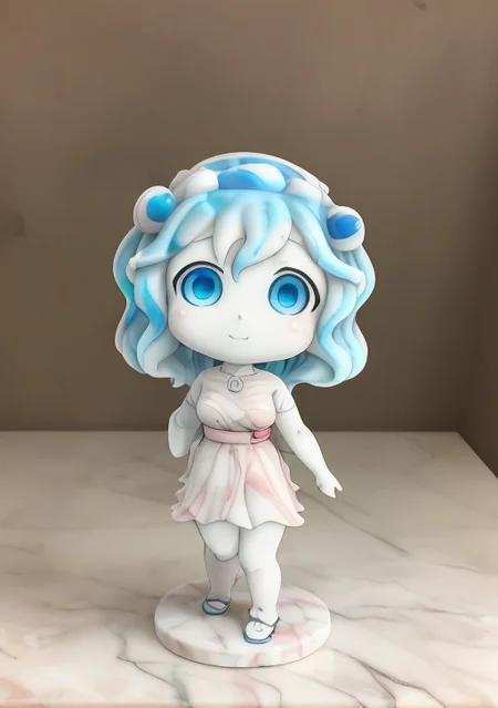 (((statue))), (((made of marble))), ((3d)), (by Jeff Kinney), (by Hikari Shimoda),(black outlines), anime style, (((chibi))), ((cartoon style)), (cartoonized), slime girl, slime, ((melting)), blue, made out of water, photo of a monster girl, cartoon eyes, blue girl, blue skin, onigiri,
