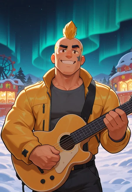 mbtiesfp, 1boy, blonde, short hair, star on face,, jacket, shirt, looking at viewer, smirk, grin, happy, brawlStars, in the amusement park, pants, portrait, half body, upper body, amber eyes, shaved mohawk, source_cartoon, vector art, 2d, bara, manly, muscular, 3/4 view, night sky, aurora in the sky, snow, playing guitar, holding guitar, in the concert, floating colorful muscial notes