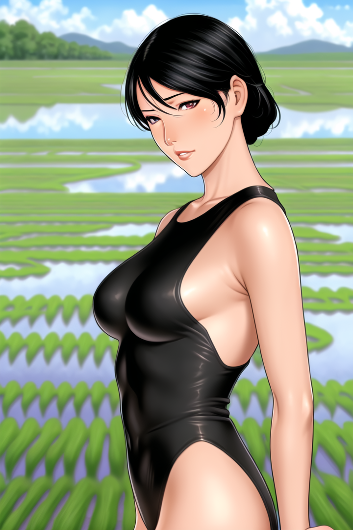 a beautiful woman, Erin leotard, Soft Black hair, group_profile, rice paddy, realism, <lora:Takasugi Kou:0.7>