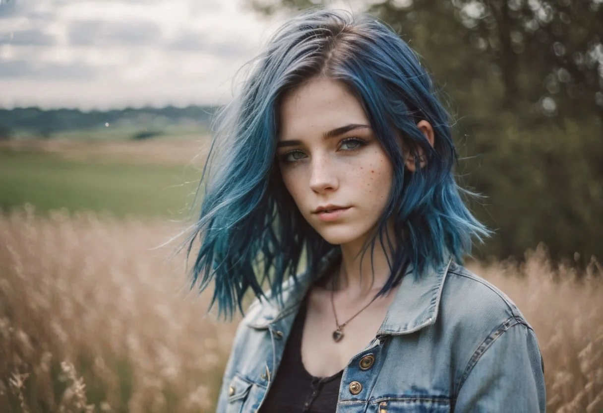 cinematic photo (( film, bokeh, professional, 4k, highly detailed, raw photo, woman (23yo blue hair girl:1.2), makeup, graphic eyeliner, rouge, (choker:0.7), realistic skin texture, warm lighting, cosy atmosphere, outdoor, (spring:1.1), photograph of a cute girl, pale skin, freckles,) wearing closed long sleeve jacket, jeans, beautifully fit body, brunette hair blowing in the wind, eyes closed, wiese, im hintergrund ein paar pferde . 35mm photograph, film, bokeh, professional, 4k, highly detailed