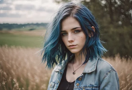cinematic photo (( film, bokeh, professional, 4k, highly detailed, raw photo, woman (23yo blue hair girl:1.2), makeup, graphic eyeliner, rouge, (choker:0.7), realistic skin texture, warm lighting, cosy atmosphere, outdoor, (spring:1.1), photograph of a cute girl, pale skin, freckles,) wearing closed long sleeve jacket, jeans, beautifully fit body, brunette hair blowing in the wind, eyes closed, wiese, im hintergrund ein paar pferde . 35mm photograph, film, bokeh, professional, 4k, highly detailed