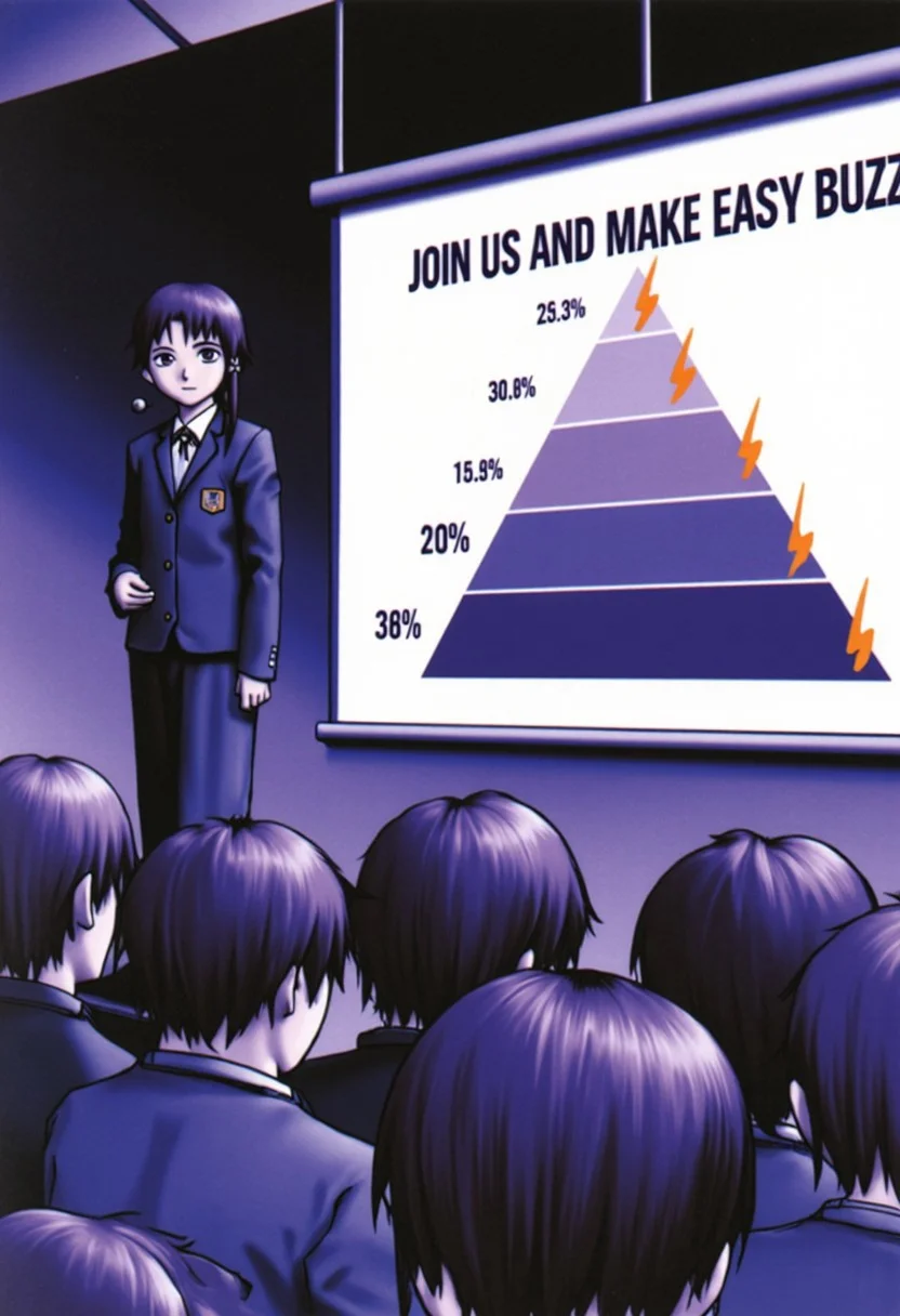 Anime drawing of Lain Iwakura standing confidently on the stage in a sleek, tailored business suit, her figure highlighted by the soft spotlight as she addresses a large, attentive crowd seated before her. A headset microphone wraps around her ear, conveying her role as a dynamic speaker, and her expression is serious yet engaging, capturing the audience's full attention as she explains complex ideas. Behind her, a large PowerPoint screen fills the background, displaying a bold pyramid chart that ascends in structured levels, each labeled with specific figures followed by small, bright orange lightning bolt icons, adding a touch of vibrant energy to the presentation. At the top of the screen, in large, attention-grabbing letters, the title "JOIN US AND MAKE EASY BUZZ" sets the tone of ambition and opportunity. The audience watches in focused silence, captivated by her insights, as the conference room's dim lighting accentuates the glow from the screen and the energetic presence of Lain iwakura on stage. The atmosphere is charged with anticipation, as if her words are on the verge of revealing a groundbreaking concept.