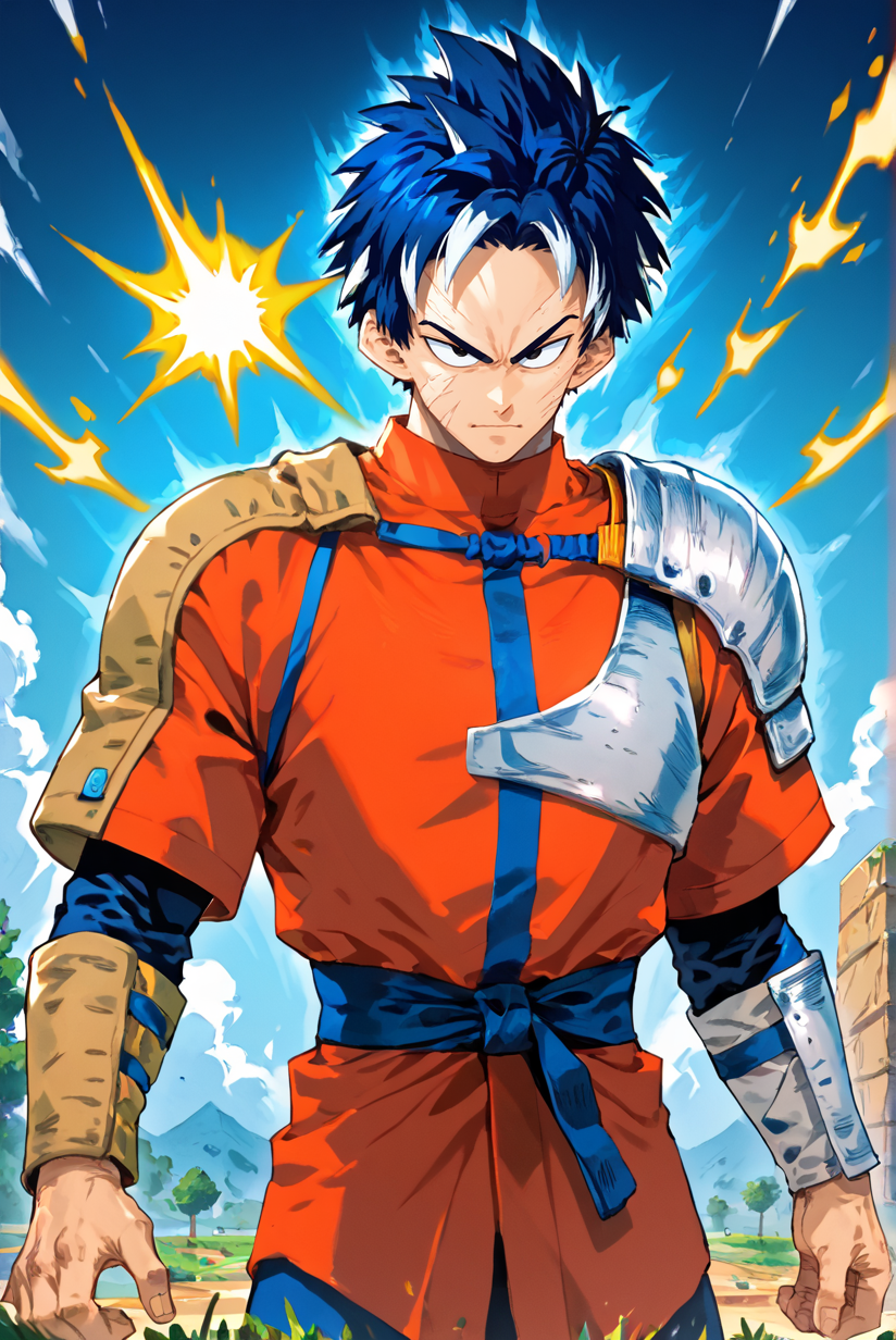 score_9, score_8_up, score_7_up,
 <lora:Versus_Style_Pony:0.7> versus_style 
 <lora:Hallow_Versus_for_PonyXL:0.8> 1boy, h4llow, one arm, scar, short hair, amputee, blue hair, white highlights,
super saiyan, aura, outdoors, solo, yellow and red outfit, shoulder armor,