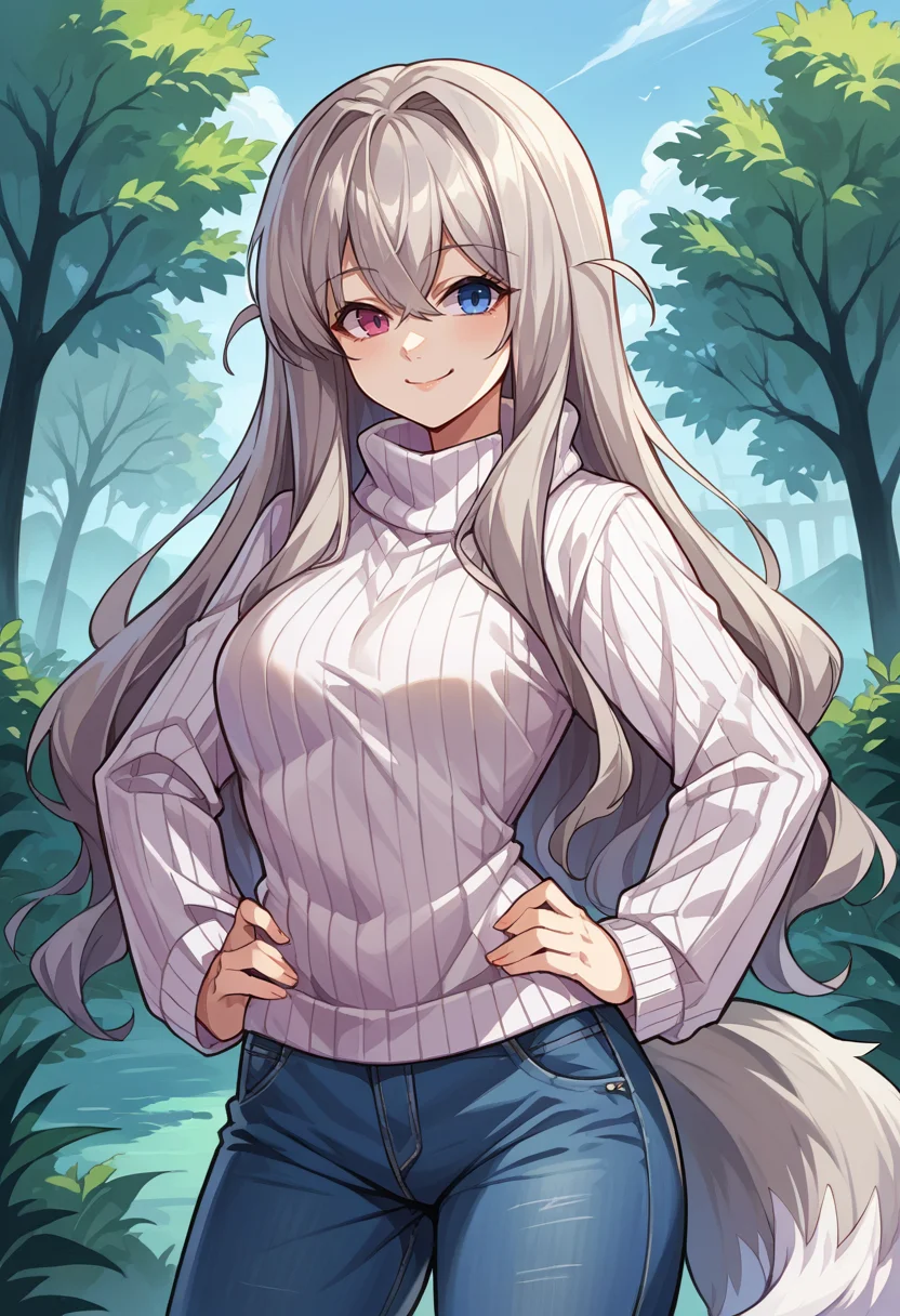 score_9, score_8_up, source_anime, 1girl, solo, Murmansk, heterochromia, fox tail, two tails, grey hair, long hair, outdoors, sweater, ribbed sweater, jeans, hands on hips, smile, <lora:ChamMurmanskPonyXL:1>
