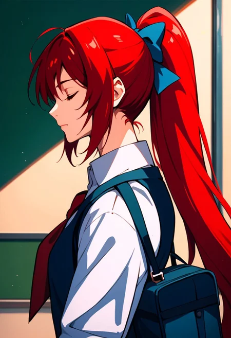 score_9,score_8_up,score_7_up,source_anime, Rin Azuma,1girl,solo,long hair,bow,school uniform,closed eyes,upper body,ponytail,red hair,profile,