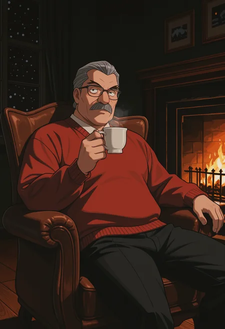 lazypos, 1boy, fireplace, red sweater, black pants, winter, cowboy shot, sitting, armchair, darkness, chiaroscuro, night, holding cup, glasses, male focus,
<lora:Colonel_Moran_from_Detective_Conan_The_Phantom_of_Baker_Street_v1.0:1> plump,
dc02moran, old man, grey hair, hair slicked back, thick mustache, forked eyebrows,