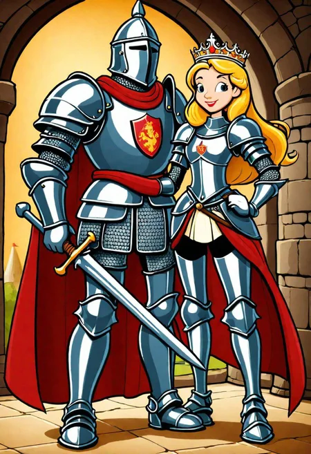 rubber_hose_character, cartoon, medieval princess and a knight in armor,