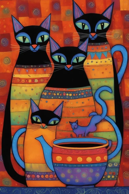 <lora:Laurel Burch Style:1>Laurel Burch Style - SalvoM._Laurel_Burch_Fanciful_siamese_cats_Bunched_sipping_tea