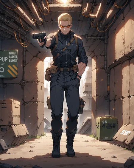 score_9, score_8_up, score_7_up, score_6_up, source_anime, rating_explicit, ah1, best quality, (masterpiece:1.4), (high quality:1.4), sharp focus, 4k, absurd resolution, <lora:albertwesker-guy-PONYv1:0.8> albertwesker, albert wesker, 1boy, solo, blonde, black gloves, sunglasses, belt, pants, black coat, black pants, looking at viewer, toned, athletic, fit, slicked back hair, black turtleneck, zipper, mature male, (graphene textured clothes), black boots, (forgotten underground bunker, survival supplies, abandoned quarters, hidden secrets), bad-hands-5, ((disgust expression)), <lora:xl_more_art-full_v1:0.4>, <lora:shinyskin2:0.3> glistening skin, <lora:aesthetic_anime_v1s:0.4>, <lora:Expressive_H:0.4> Expressiveh, <lora:hairdetailpxl:0.4> hairdetailpxl, <lora:EpicF4nta5yXL:0.4>, <lora:detailxl:0.4> detailxl, <lora:Fant5yP0ny:0.4>, (focused, intense glare), slit pupils, short hair, (reddish orange eyes), <lora:YusufDikecGunPose_pdxl_Incrs_v1:0.8> holding weapon, holding gun, handgun, hand in pocket, aiming, full body, illustration, Volumetric_Lighting, ultra-detailed, very aesthetic, intricate details, absurdres, 8k, masterpiece, best_quality,
