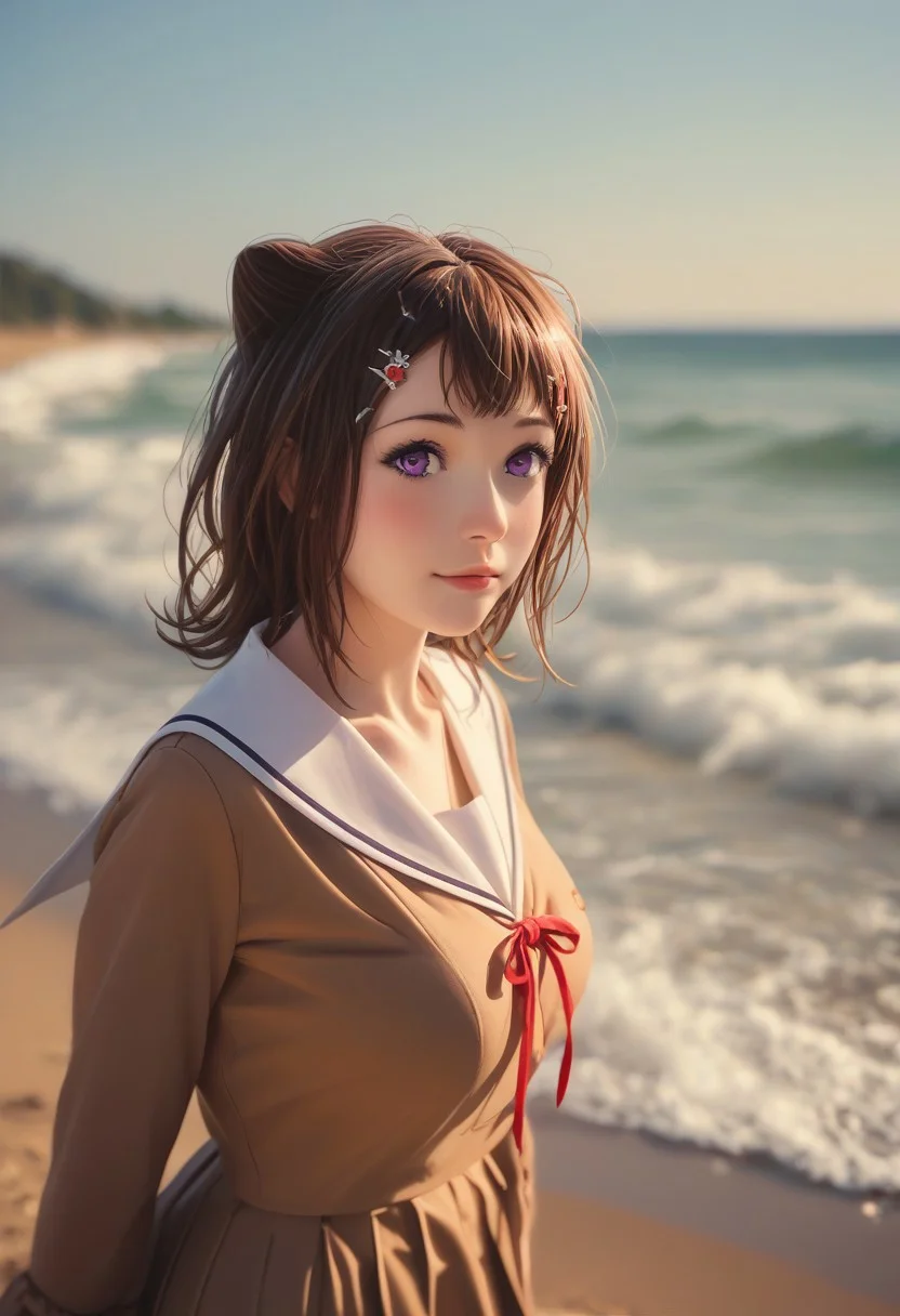 score_9,score_8_up,score_7_up,score_6_up, masterpiece, best quality, high quality, ultra detailed, detailed, beautiful, exquisite, insanely detailed, hyper detailed, godrays, realistic photo,
1girl,
kasumi, purple eyes, brown hair,
cone hair bun, cone hair bun, star (symbol), star hair ornament, hair bun,
big breasts, nail enamel,
hanasakigawa school uniform, brown dress, long sleeves, sailor dress, red ribbon,
on the beach
in focus with blurred background,
