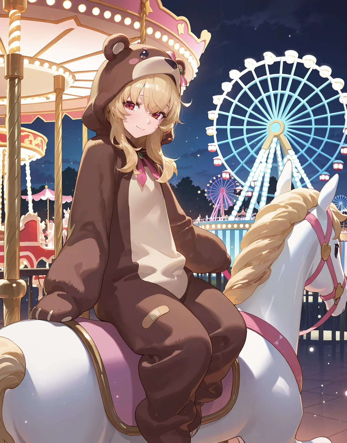 1girl, nobeta \(bear\), bear costume, pink ribbon,  bandaid on leg, 
carousel, horseback riding,
sad smile, sitting,
[scenery:4], outdoors, amusement park, ferris wheel, 
night, light particles, 
modare, ask \(askzy\), 
masterpiece, very awa 
<lora:char_nobeta-ill-rls:1>
