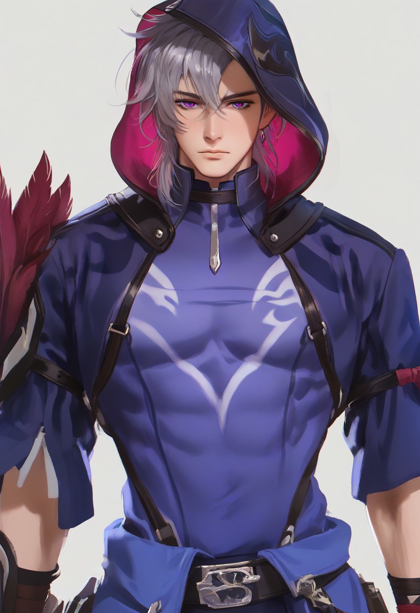1boy, solo, male focus, slim toned male, moze_(hsr), moze, grey purplish hair, wolfcut hair, bangs between eyes, pale skin, purple eyes, slim face, detailed eyes, confident,
white background, detailed light, light on hair, glowing, close up, 
costume, feathers on one shoulder, hood, looking at viewer, front view, relax, pectorals, abs, big chest, big thigh, 
rating PG, score_9,score_8_up,score_7_up, source_anime, male focus, manly, tall, detailed eyebrow, sharp eyebrows, focus on thigh, thigh focus, random view, muscular, hung