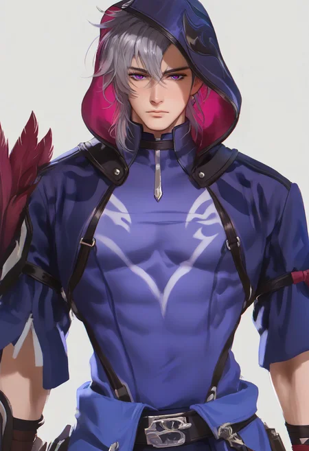 1boy, solo, male focus, slim toned male, moze_(hsr), moze, grey purplish hair, wolfcut hair, bangs between eyes, pale skin, purple eyes, slim face, detailed eyes, confident,
white background, detailed light, light on hair, glowing, close up,
costume, feathers on one shoulder, hood, looking at viewer, front view, relax, pectorals, abs, big chest, big thigh,
rating PG, score_9,score_8_up,score_7_up, source_anime, male focus, manly, tall, detailed eyebrow, sharp eyebrows, focus on thigh, thigh focus, random view, muscular, hung