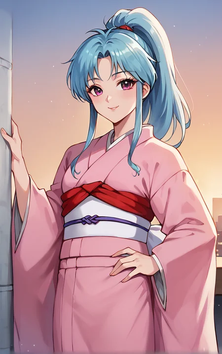 score_9, score_8_up, score_7_up, looking at viewer, BREAK
MainOutfit_Botan_ownwaifu,
1girl, aqua hair, blue hair, high ponytail, pink eyes, spiked hair, long hair, sidelocks, bangs, parted bangs, colored skin
pink kimono, sleeves past wrists, japanese clothes, obi, sash, long sleeves, tabi, wide sleeves, sleeves past fingers,
(contrapposto, hand on hip), sunset, sidelighting, cityscape, outdoors, <lora:PONYXL_YuYuHakusho_Botan_ownwaifu:1> , depth of field, solo,