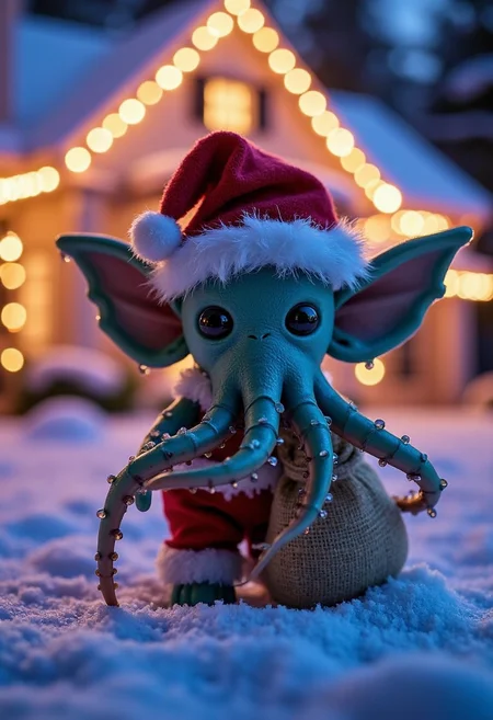 In the shape and style of a yfg-dr0p water drop splash photo of a , Adorably stylized baby 'Cthulhu Clause', showcased with exaggerated cute features, looking like a plush toy version of the mythical entity. He's up to playful antics, his little tentacles wiggling as he approaches the home with his mini sack of 'gifts'. Volumetric lighting paints the scene in soft shades of blue transitioning into purples. The house, adorned with bright and over-the-top Christmas lights, offers a lively backdrop to his heartwarming mischief.