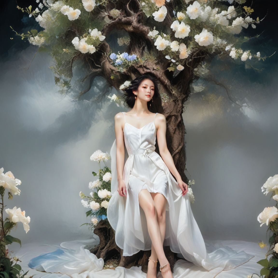<lora:add-detail-xl:1.0>, 1girl, barefoot, dress, solo, jewelry, anklet, black hair, white dress, tree, flower <lora:LangV1:0.7>, <lora:RuanV1:0.6>,