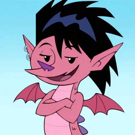 score_9, score_8_up, score_7_up, Expressiveh, masterpiece, best quality, highly detailed, realistic, zPDXL3, 1girl, solo, (HaleyLongAlt, female furry, furry, anthro, dragon, scalie, black hair, medium hair, spiky hair, green earring, black eyes, white pupils, purple nose, pink body, pink scales, small wings, pink wings, pointy ears, tail), ((close-up, upper body, standing)), smile, tongue, open mouth, blue background, simple background, (looking at viewer), arms crossed, narrowed eyes