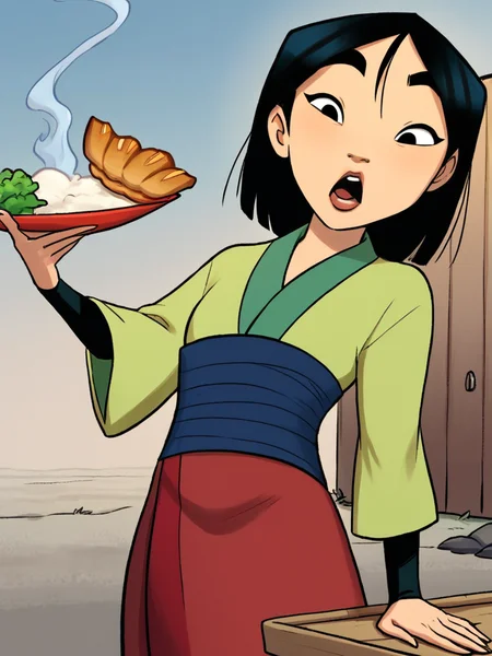 score_9, score_8_up, score_7_up, fa mulan, a cartoon of a woman holding a bowl of food, 1girl, open mouth, japanese clothes, black eyes, parted bangs,    <lora:princesscomic_pony_v1:0.95>
