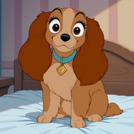 lady, female, dog, disney, cocker spaniel, long brown ears, tan fur, light tan belly, light tan paws, brown eyes, blue collar with gold diamond-shaped tag BREAK score_9, score_8, score_7, no humans, (((full body))), standing, solo, female, feral, hight definition, hyper detailed, best quality, amazing quality, 1girl, cute, cute smile, cute pose, 8k, masterpiece, looking at viewer BREAK sitting, happy, friendly, adorable, expressive eyes, sweet, smiling, closed mouth, half-open eyes, indoors, on bed