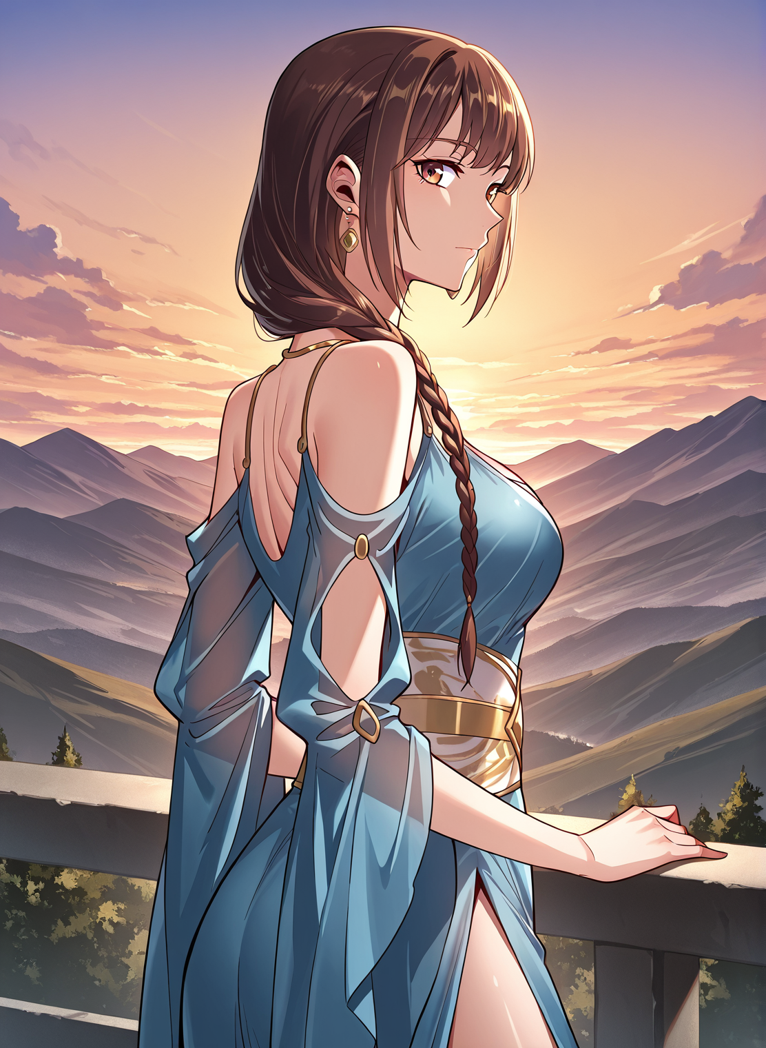 <lora:Tang_Wan__I_am_the_Fated_Villain__Illustrious:1>
1 girl, solo, brown hair, brown eyes, braid, big breasts, hair over shoulder, shoulder cutout
jewelry, earrings, cleavage,blue dress, necklace
score_9, score_8_up, score_7_up, source anime, BREAK,  cowboy shot, (from side), looking back, looking at viewer, overlooking mountain, high altitude, scenery, exterior, background, (solo), perfect hands