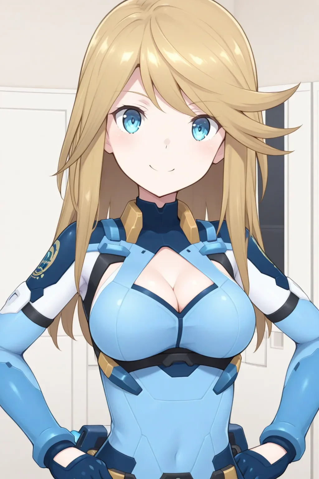masterpiece, best quality, alicegear_shirley_ilxl ,<lora:alicegear_shirley_ilxl:0.9>1girl, solo, auqablue bodysuit, cleavage cutout, clothing cutout, cleavage, smile, hands on hips