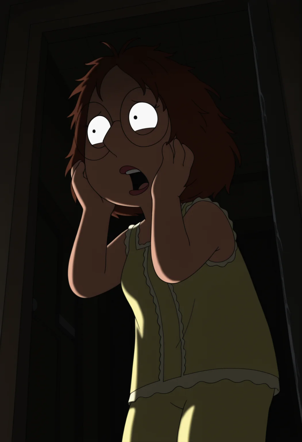 masterpiece, best quality, amazing quality, m3ggf, 1girl, brown hair, glasses, yellow pajamas, sleeveless, hands on face, scared, screaming, open mouth, (messy hair:0.8), cowboy shot, from below, side view, indoors, doorway, dark, cinematic shot, dramtic light, dramatic lighting, shadow, (horror_\(theme\):0.8),