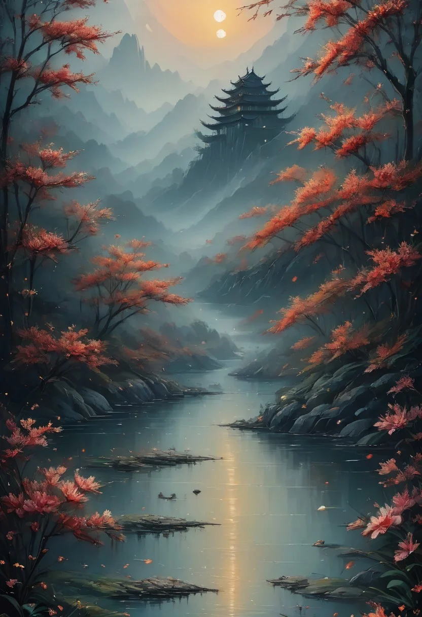 masterpiece,best quality,Chinese martial arts style,an asian night scene with lanterns and water lilies,asian pond with many lanterns and boatsa night scene with many lights and boats in the water, Lake surface, lotus flowers,beautiful night scene,(((Chinese martial arts style))), with vast sky, continuous mountains and steep cliffs, outline light, atmospheric atmosphere, depth of field, mist rising, bamboo, pine trees, octagonal stone pavilion, waterfall flowing water,big full moon,light color