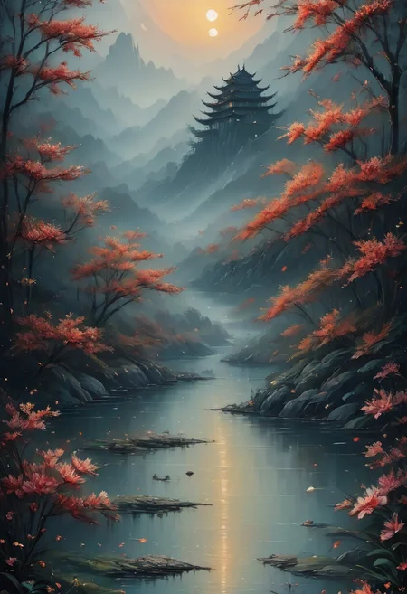 masterpiece,best quality,Chinese martial arts style,an asian night scene with lanterns and water lilies,asian pond with many lanterns and boatsa night scene with many lights and boats in the water, Lake surface, lotus flowers,beautiful night scene,(((Chinese martial arts style))), with vast sky, continuous mountains and steep cliffs, outline light, atmospheric atmosphere, depth of field, mist rising, bamboo, pine trees, octagonal stone pavilion, waterfall flowing water,big full moon,light color