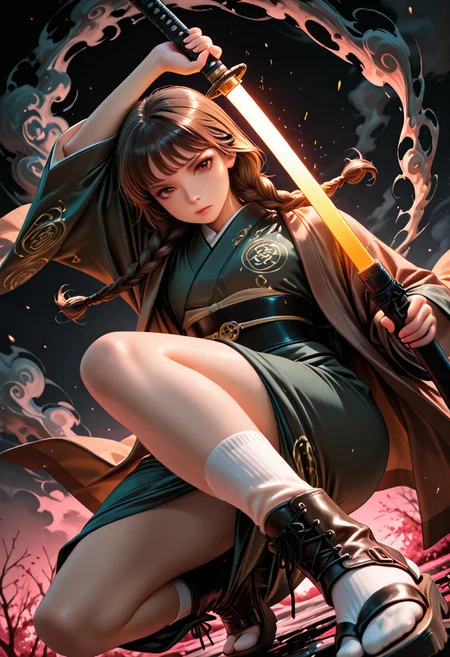 SmoothNoob_Quality, dynamic composition, 1girl, hand on katana, unsheathing, kimono, dark green kimono, Haori, reddish brown haori, Obi, sash, long white socks, sandals, solo, brown hair, curly shoulder-length brown hair, front twin braids, looking at viewer, bangs, greyish-brown eyes, long hair, closed mouth, embers, black background, boots, dynamic pose, dutch angle,foreshortening, twilight, glowing, ink background, abstract background, bright colors, dark, pink theme, gray smoke, neon trim,