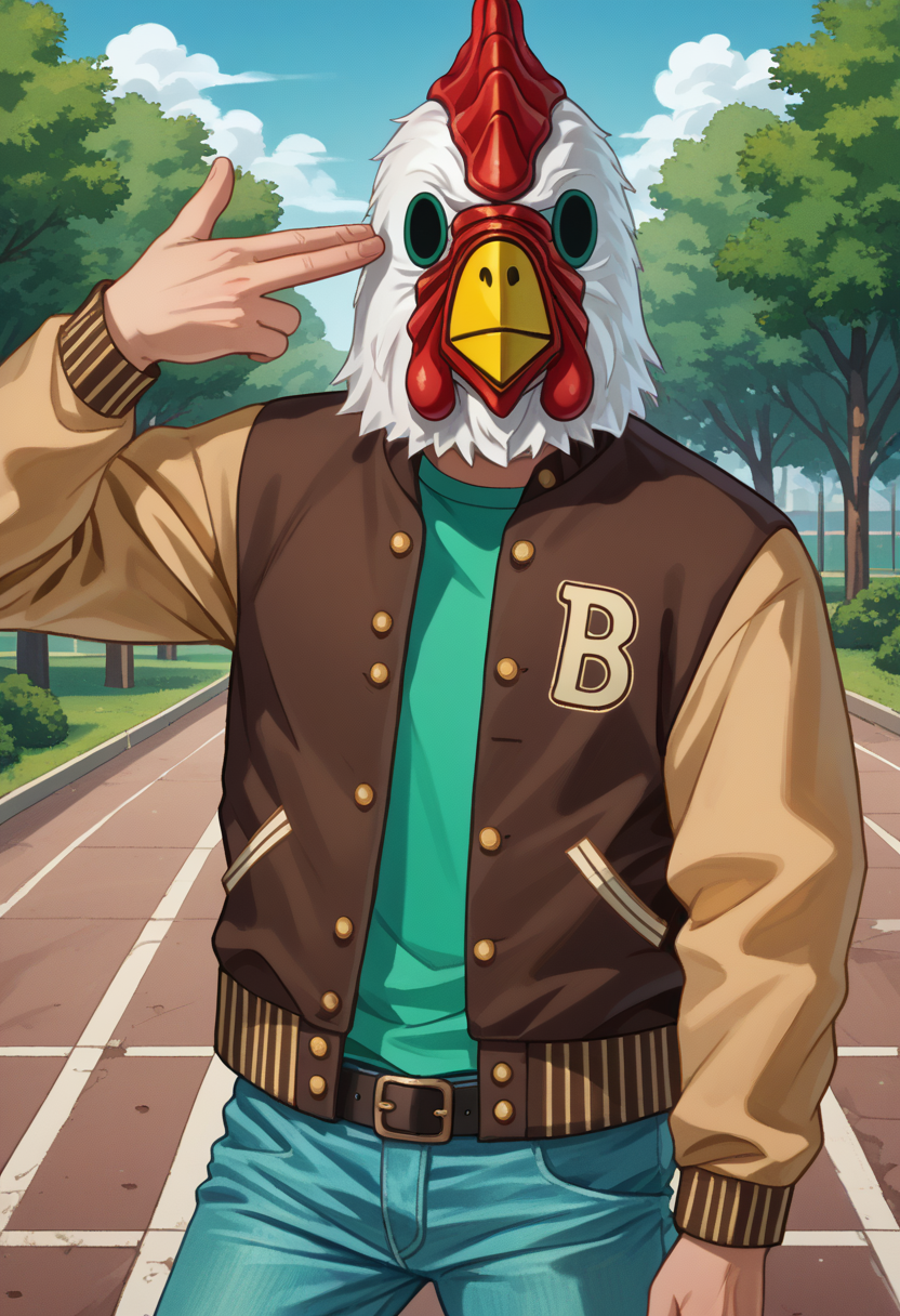 score_9, score_8_up, source_anime, 1boy, solo, finger gun to head, JacketHotlineMiami, mask, letterman jacket, brown jacket, green shirt, belt, jeans, outdoors, <lora:ChamJacketHotlineMiamiPonyXL:1>, <lora:FingergunToHead_XLPD:1>