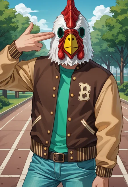 score_9, score_8_up, source_anime, 1boy, solo, finger gun to head, JacketHotlineMiami, mask, letterman jacket, brown jacket, green shirt, belt, jeans, outdoors, <lora:ChamJacketHotlineMiamiPonyXL:1>, <lora:FingergunToHead_XLPD:1>