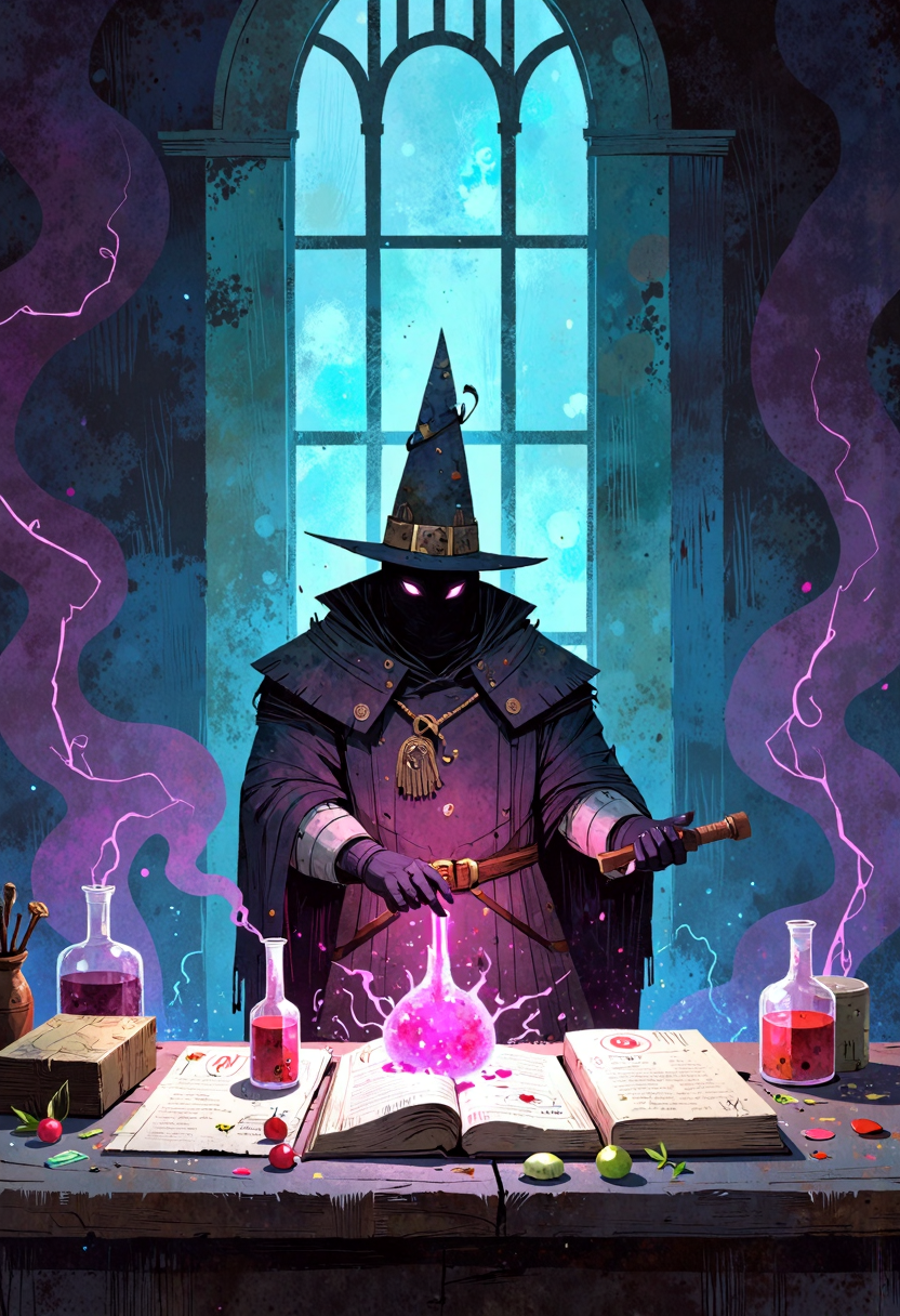 ppstorybook,A sorcererâs workshop filled with glowing potions, spell books, and arcane symbols, with magical energy crackling in the air, captured in an intricate, dark fantasy style with rich purples and blues.