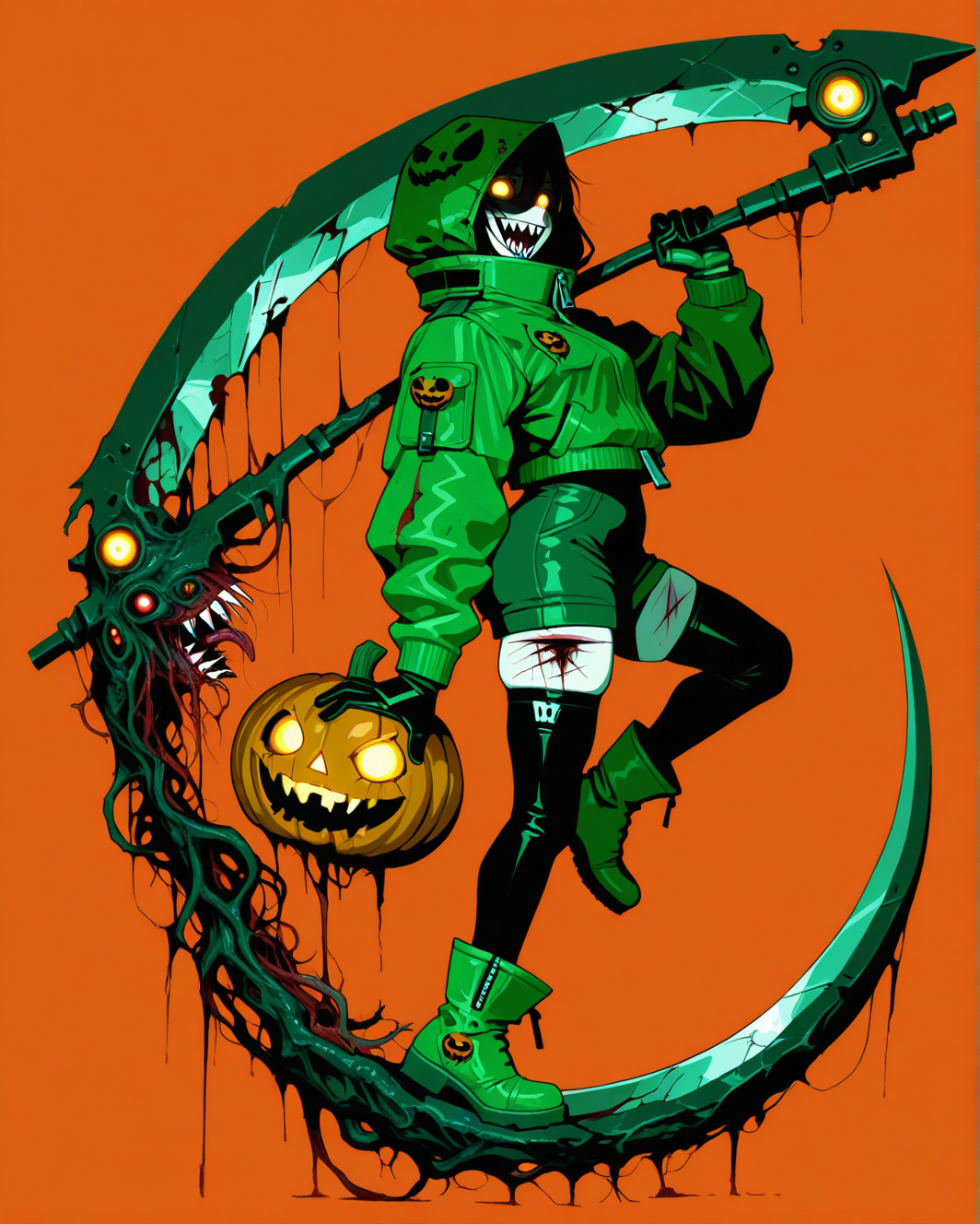 masterpiece,best quality,amazing quality, 1girl, solo, looking at viewer, simple background, long sleeves, gloves, thighhighs, holding, jacket, full body, weapon, boots, teeth, black gloves, black thighhighs, holding weapon, from side, glowing, glowing eyes, science fiction, zipper, halloween, green jacket, orange background, jack-o'-lantern, ankle boots, scythe, pumpkin, over shoulder, green footwear, green gloves, weapon over shoulder, holding scythe, haiz_ai, in the style of cknc, Flatline, Flat vector illustration, horror, madness, bloody, abomination, sharp teeth, veins, trauma, cuts, scratches, crazy smile,  <lora:se_v1_horror:0.8>