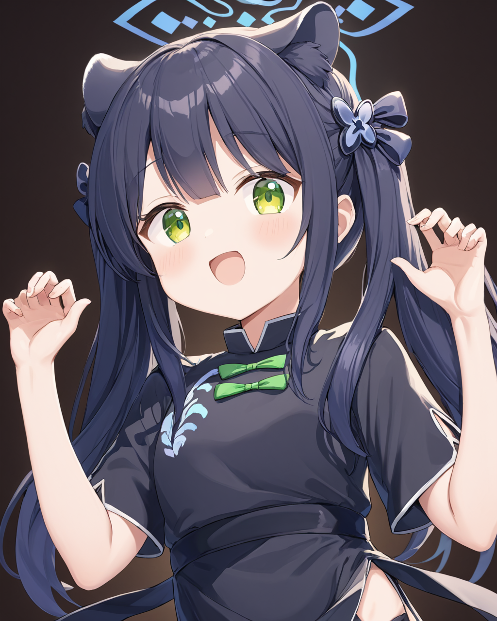 shun \(blue archive\), fang, 1girl, looking_up, twintails, china_dress, open_mouth, animal_ear_fluff, tiger_girl, black_dress, :d, sidelocks, halo, short_sleeves, hair_ornament
<lora:shun_(blue_archive)_image2057_2023-11-28-000010:1>halo. gorgeous,key visual, vibrant, studio anime,award-winning, professional, highly detailed,high budget, cinemascope