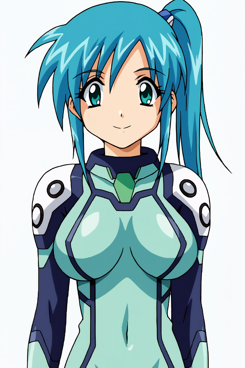<lora:JoscoePOREvoPDXL:0.8>, white background,  Misaki Kureha, solo, smile, bodysuit, pilot suit, blue bodysuit