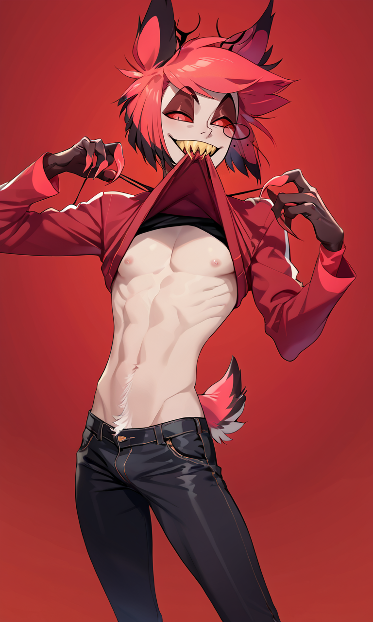 detailed man face, score_9, score_8_up, score_7_up, score_6_up, score_5_up, score_4_up, alastor_hh, alastor \(hazbin hotel\), 1boy, male focus, solo, colored sclera, sharp teeth, teeth, tail, red eyes, red background, claws, nipples, black hair, red hair, animal ears, pants, looking at viewer, red sclera, simple background