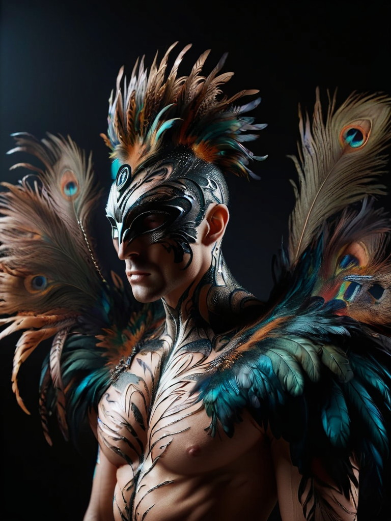 ral-feathercoat, a man with a bodysuit with feathers <lora:ral-feathercoat-sdxl:1> black background, dim warm backlight, ring light