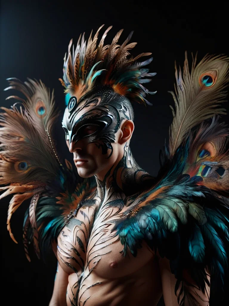ral-feathercoat, a man with a bodysuit with feathers <lora:ral-feathercoat-sdxl:1> black background, dim warm backlight, ring light