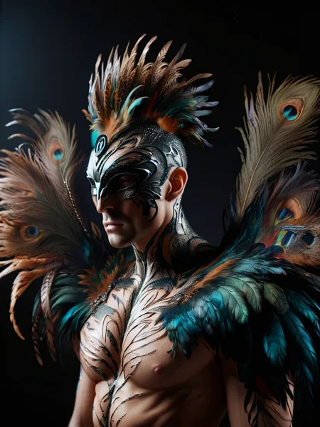 ral-feathercoat, a man with a bodysuit with feathers <lora:ral-feathercoat-sdxl:1> black background, dim warm backlight, ring light