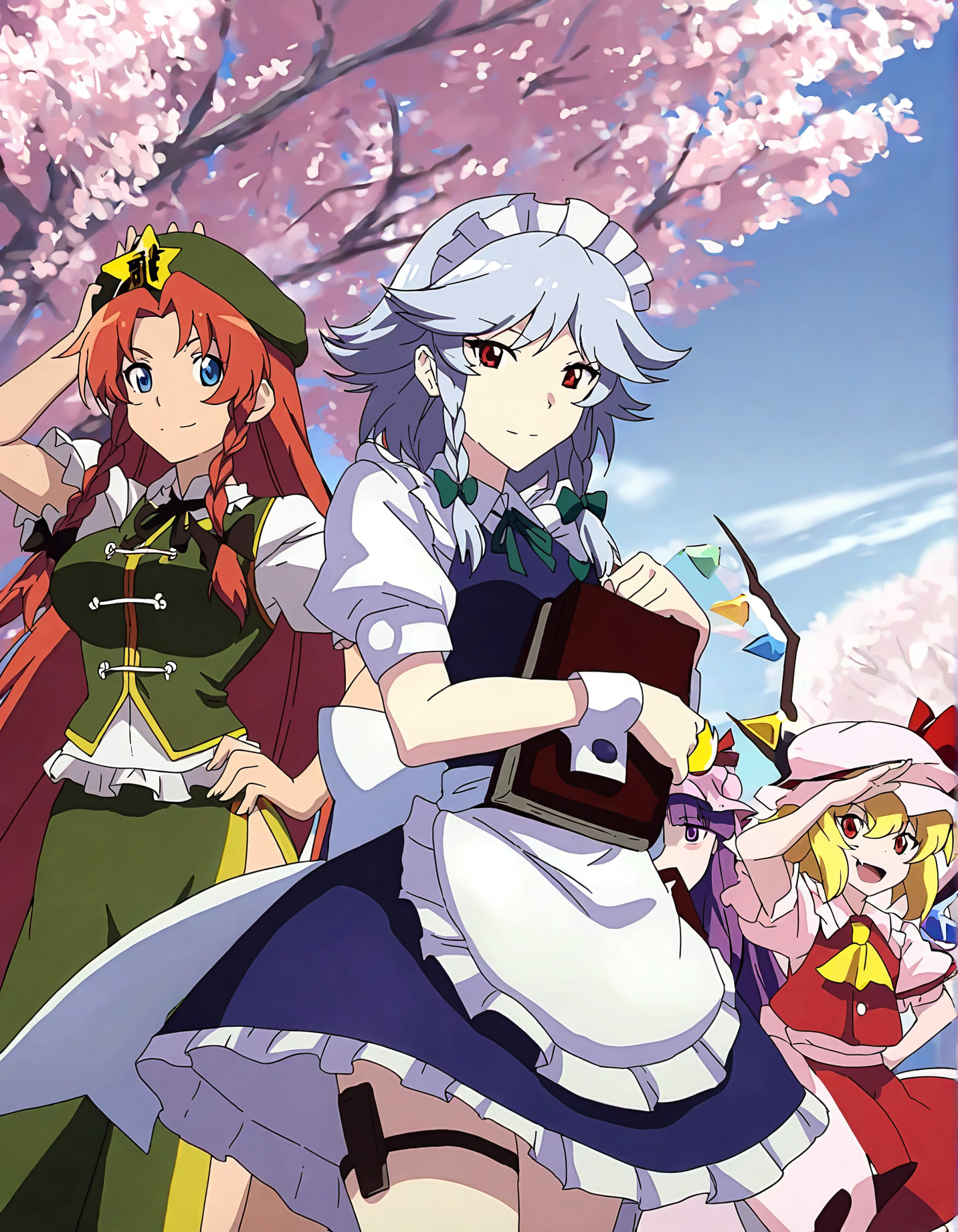 memoriesofphantasm, remilia scarlet, multiple girls, flandre scarlet, izayoi sakuya, patchouli knowledge, hong meiling, umbrella, hat, wings, blonde hair, book, parasol, purple hair, long hair, braid, bat wings, mob cap, red hair, tree, twin braids, cherry blossoms, maid headdress, red eyes, grey hair, dress, hat ornament, crescent, holding book, outdoors, ribbon, ascot, short sleeves, short hair, apron, holding, blue hair, purple eyes, skirt, maid, bow, holding umbrella, star (symbol), waist apron, general, day, shirt, puffy sleeves, frills, hat ribbon, wide sleeves, vest, puffy short sleeves, skirt set, sky, long sleeves, pink dress, crescent hat ornament, smile, hair bow, beret, standing, white shirt, arms up, wrist cuffs, side ponytail, green skirt, red ribbon, yellow ascot, red skirt, 5girls, very long hair, blue dress, blue eyes, star hat ornament, chinese clothes, blue sky, sensitive, crystal, thigh strap, looking at viewer, white apron, maid apron, striped clothes
very awa, masterpiece, best quality, year 2024, newest, highres, absurdres, <lora:memories-of-phantasm-style-noobai-vpred10:1>