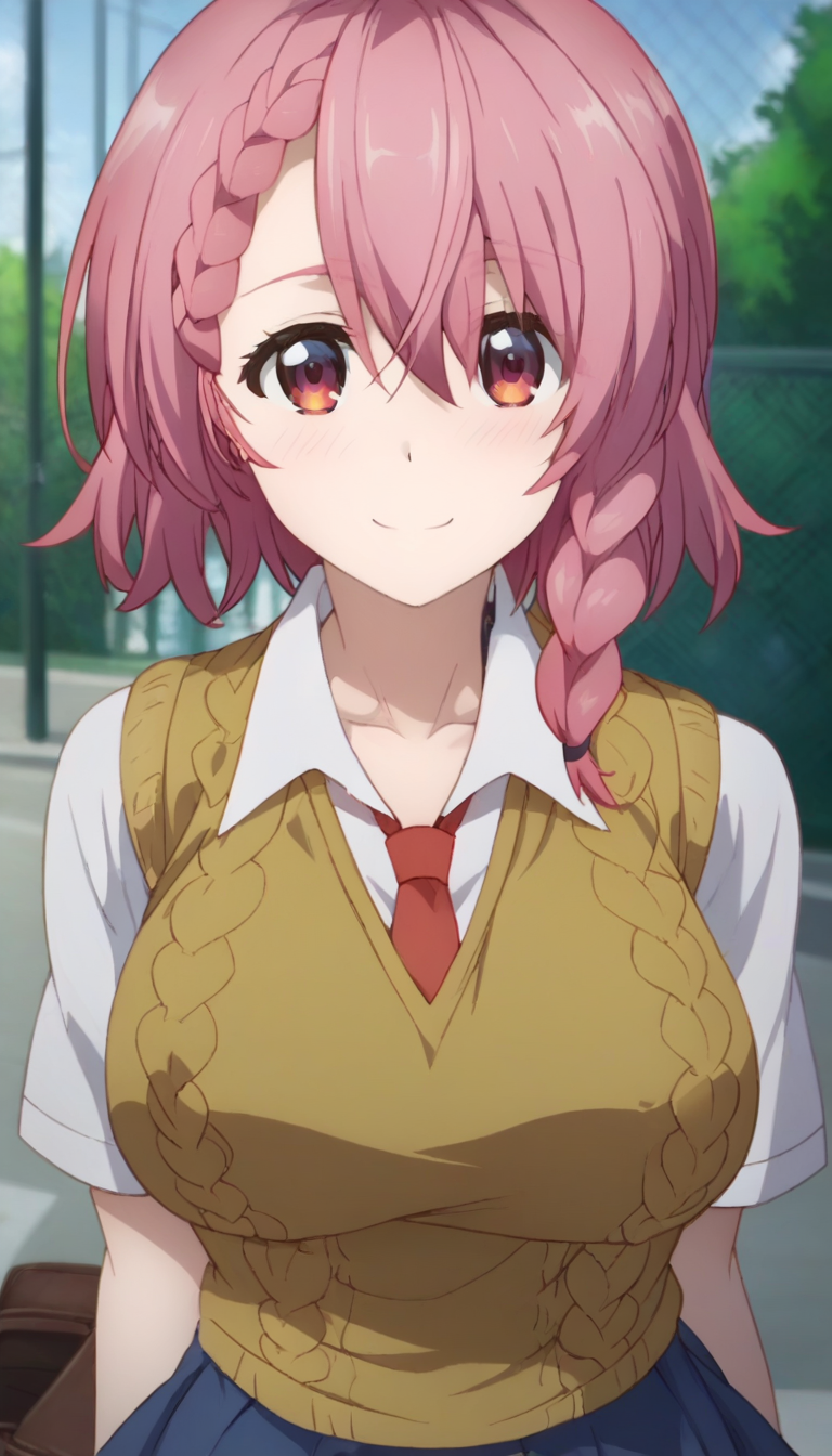 score_9,score_8_up,score_7_up,score_6_up BREAK official art,solo,outdoors,upper body,(portrait:1.5),looking at viewer,facing viewer,smile,blush,Shirayuki Maihime,medium hair,pink hair,single braid,side braid,bangs,red eyes,collarbone,school uniform,yellow sweater vest,red necktie,white shirt,collared shirt,short sleeves,large breasts,miniskirt,blue skirt,pleated skirt,thighs,black pantyhose,loafers,brown footwear,<lora:Shirayuki Maihime(dhh)-Pony:1.8>,