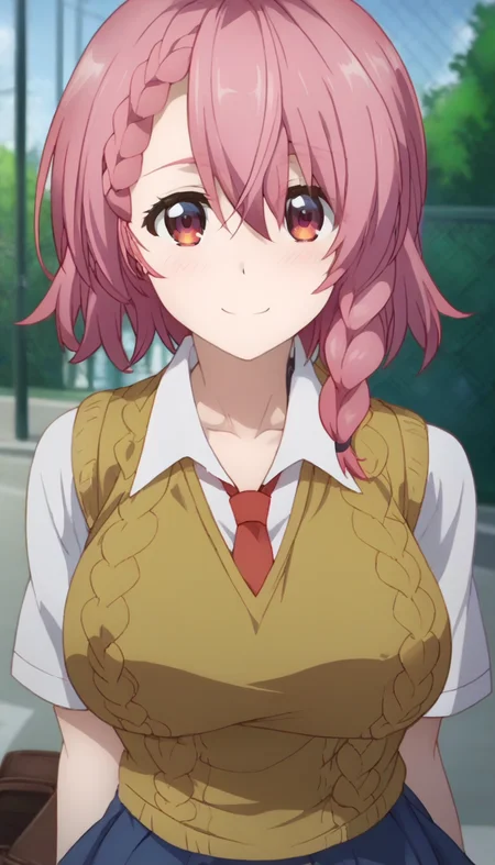 score_9,score_8_up,score_7_up,score_6_up BREAK official art,solo,outdoors,upper body,(portrait:1.5),looking at viewer,facing viewer,smile,blush,Shirayuki Maihime,medium hair,pink hair,single braid,side braid,bangs,red eyes,collarbone,school uniform,yellow sweater vest,red necktie,white shirt,collared shirt,short sleeves,large breasts,miniskirt,blue skirt,pleated skirt,thighs,black pantyhose,loafers,brown footwear,<lora:Shirayuki Maihime(dhh)-Pony:1.8>,